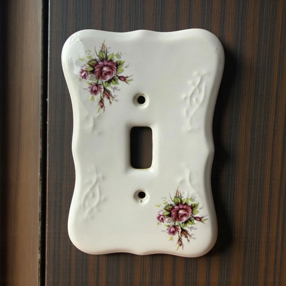 3 Vintage Floral Wall Plate Covers White Purple Rose Decals